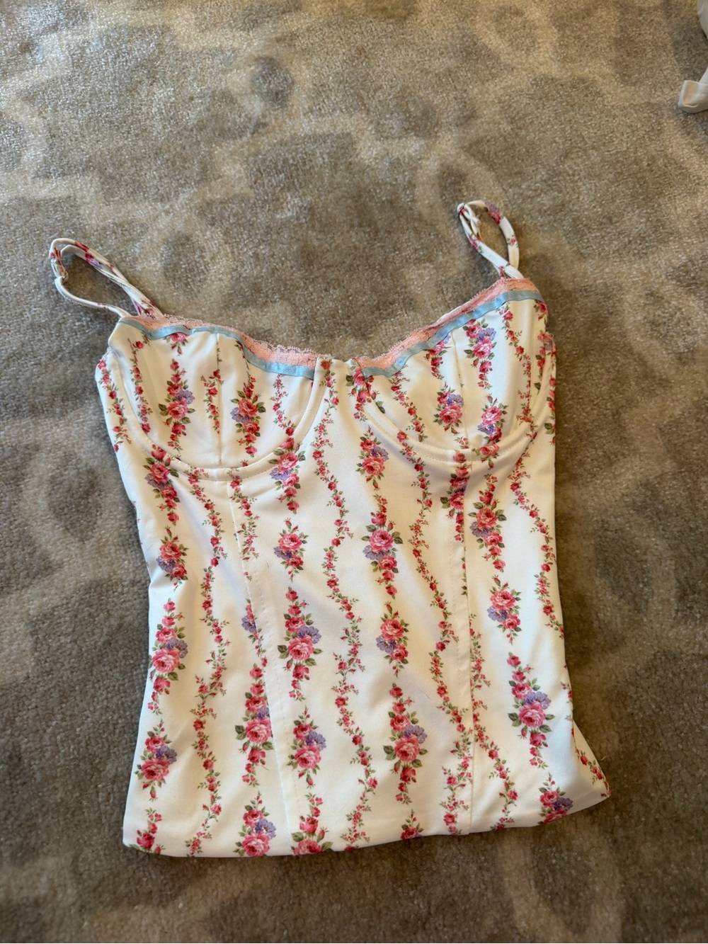 Edikted Cream Floral Bustier Cami with Pink Roses